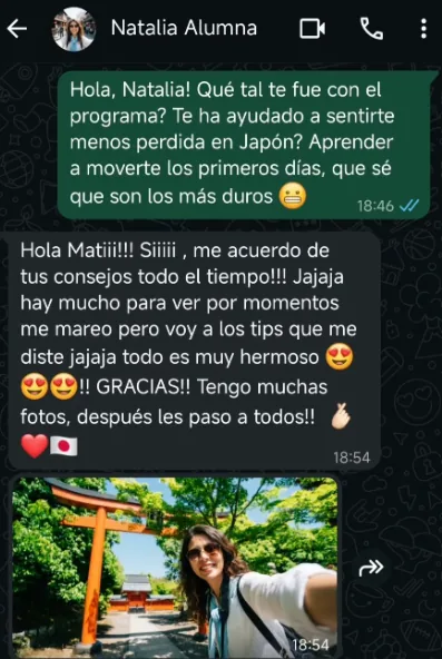 Mensaje de Natalia sobre su experiencia viajando por Japón